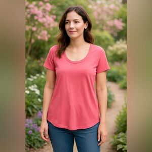 Eileen Fisher Coral Pink Organic Cotton Scoop Neck Tee Size Large
